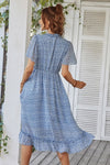 Blue V Neck Short Sleeve Print Ruffle Dress