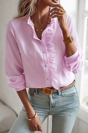 Pink Frenchy Striped Ruffle Trim Button Top