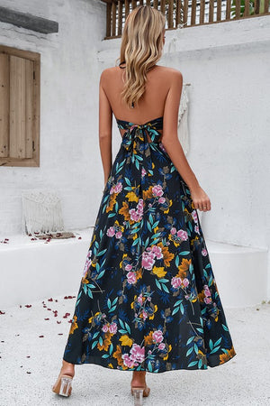 Floral Back Knot Sleeveless Ruched Side Open Dress in Black or Blue