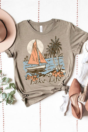 Lake Life Short Sleeve Graphic in Taupe - ALL SALES FINAL