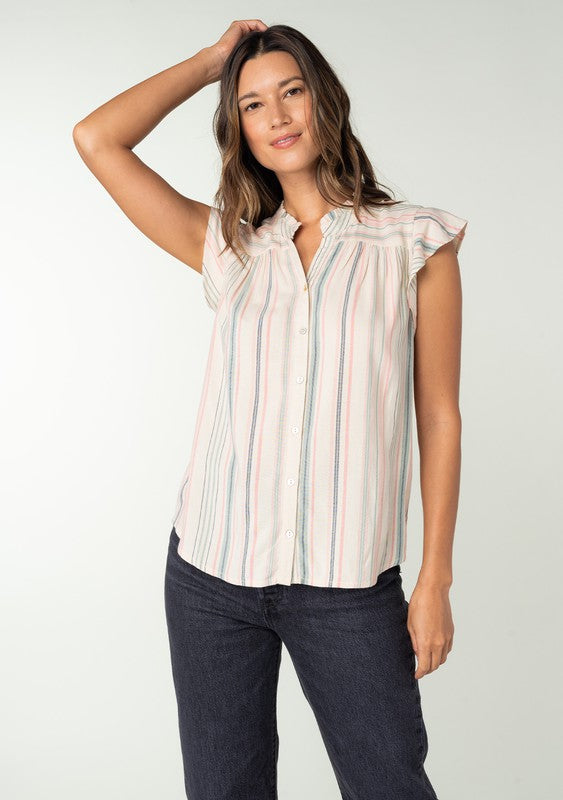 Natural/Sage Striped Flutter Sleeve Button Down Top - ALL SALES FINAL