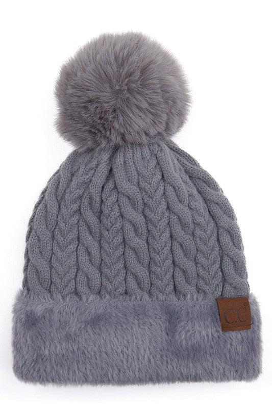 C.C. Cable Knit Beanie with Knitted Cuff and Pom