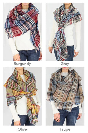 Plaid Square Scarf with Frayed Edge