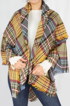 Plaid Square Scarf with Frayed Edge