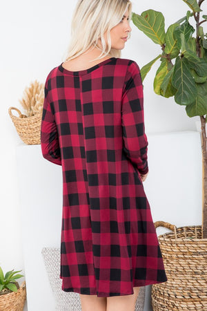 Burgundy Buffalo Plaid Long Sleeve Swing Dress with Pockets - ALL SALES FINAL