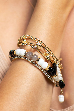 Black/White Layered Charms and Metal Link Bracelet