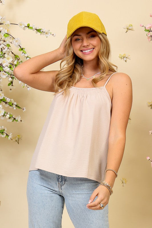 Sleeveless Round Neck Cami Top with Smocked Neck Line Detail - ALL SALES FINAL