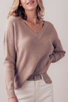 Drop Shoulder Loose Fit V-Neck Soft Knit Sweater in Heather Walnut