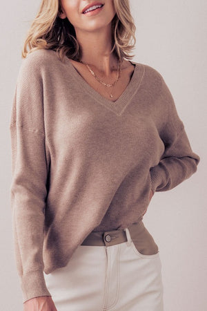 Drop Shoulder Loose Fit V-Neck Soft Knit Sweater in Heather Walnut