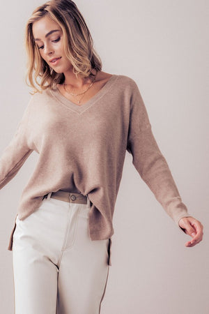 Drop Shoulder Loose Fit V-Neck Soft Knit Sweater in Heather Walnut