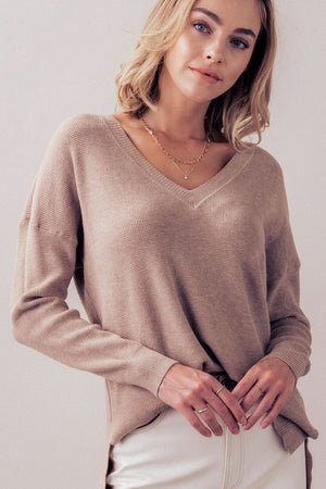 Drop Shoulder Loose Fit V-Neck Soft Knit Sweater in Heather Walnut