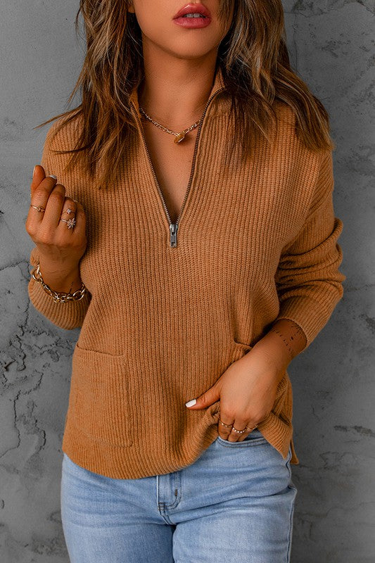 Brown Half Zip Sweater - ALL SALES FINAL