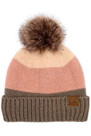 C.C. Multi Color Block Stripes Pom Beanie - 4 Colors