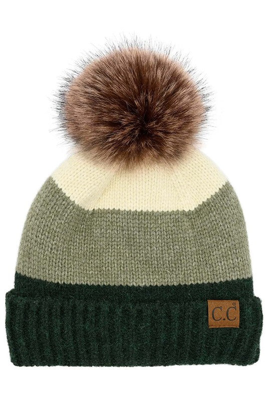 C.C. Multi Color Block Stripes Pom Beanie - 4 Colors