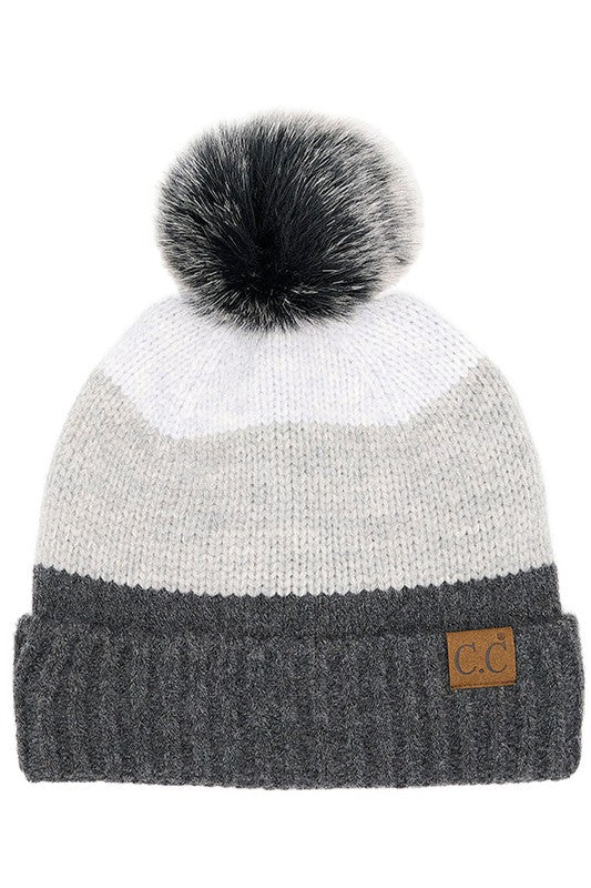 C.C. Multi Color Block Stripes Pom Beanie - 4 Colors