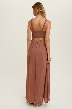 Sepia Smocked Open Back Lined Maxi Dress