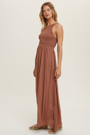 Sepia Smocked Open Back Lined Maxi Dress