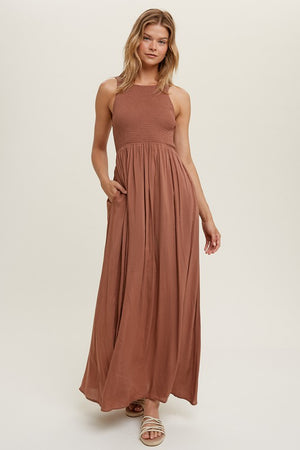 Sepia Smocked Open Back Lined Maxi Dress