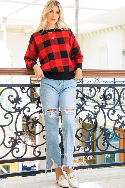 Plaid Crew Neck Long Sleeve with Drop Shoulder - 2 Colors - ALL SALES FINAL