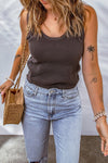 Brown Plain Waffle Knit U Neck Tank Top - ALL SALES FINAL