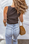 Brown Plain Waffle Knit U Neck Tank Top - ALL SALES FINAL