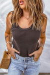 Brown Plain Waffle Knit U Neck Tank Top - ALL SALES FINAL