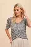 Charcoal Twist Hem Texture Knit Short Sleeve Sweater