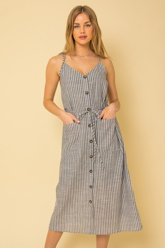 Navy/White Sleeveless Button Down Front Pocket Maxi Dress - ALL SALES FINAL