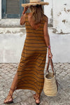 Brown Stripe Print Open Back Sleeveless Maxi Dress