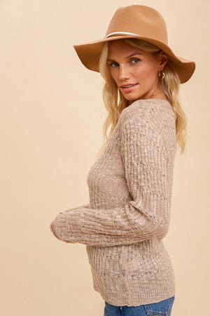 Taupe V Neck Texture Light Weight Sweater - ALL SALES FINAL