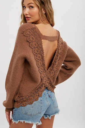 Mocha Crochet Lace Cross Back Pullover Sweater - ALL SALES FINAL