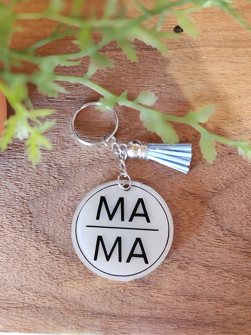 MAMA White Round Keychain with Tassel - Various Tassel Colors - ALL SALES FINAL