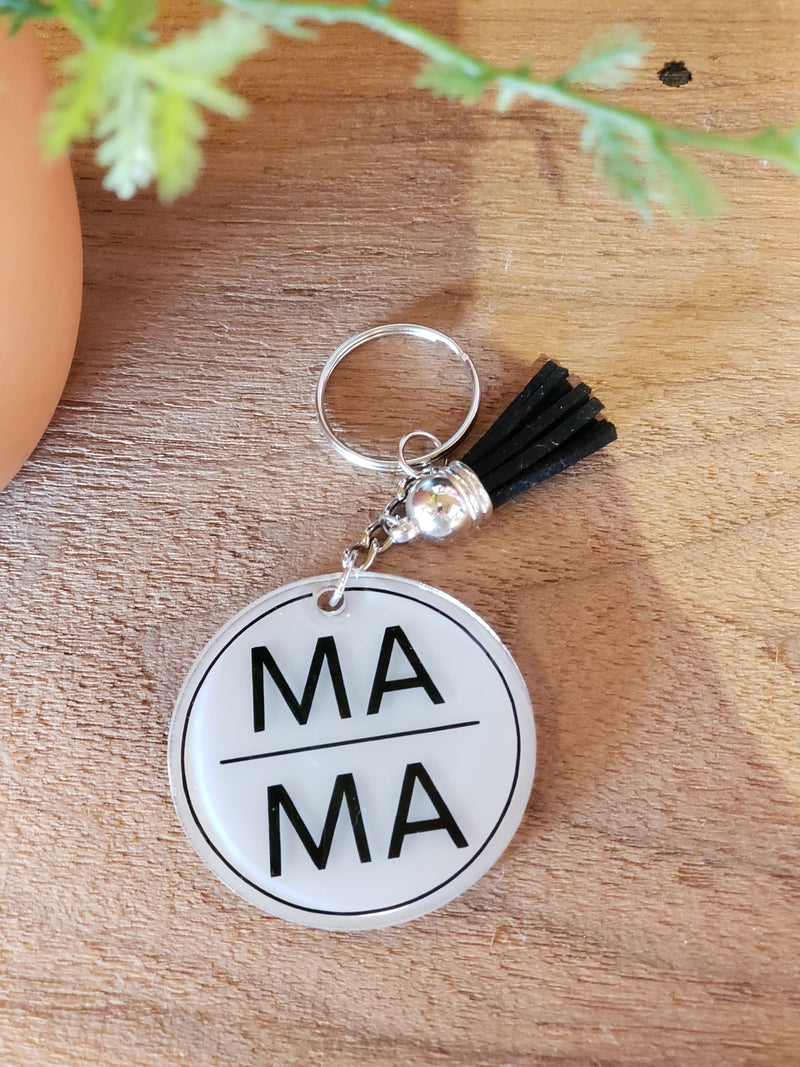 MAMA White Round Keychain with Tassel - Various Tassel Colors - ALL SALES FINAL