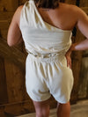 Natural Sleeveless One Shoulder Waist Tie Romper - ALL SALES FINAL