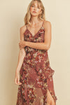 Plum and Wine Floral Midi Dress with Ruffles and Slit - ALL SALES FINAL