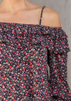 Black/Fuschia Bohemian Floral Print Off Shoulder Blouse - ALL SALES FINAL