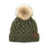 C.C. Chunky Braid Cable Pattern Hat with Natural Pom in Ivory- ALL SALE FINAL