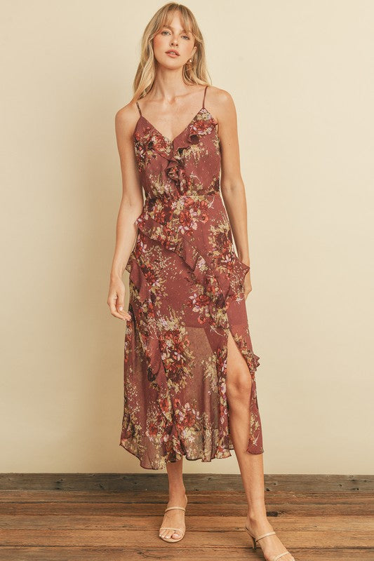 Plum and Wine Floral Midi Dress with Ruffles and Slit - ALL SALES FINAL
