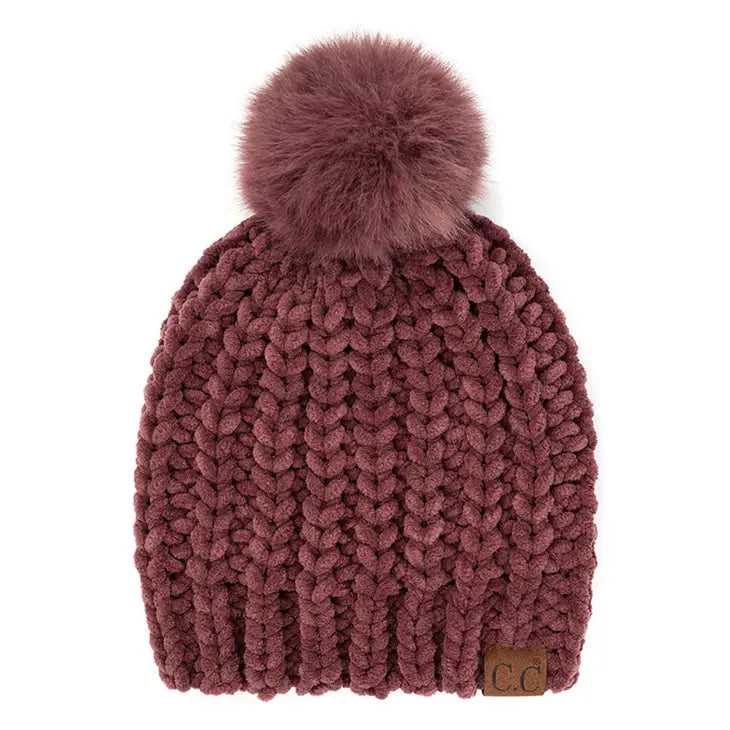 C.C Soft Chenille Chunky Yarn Beanie Hat - 2 Colors