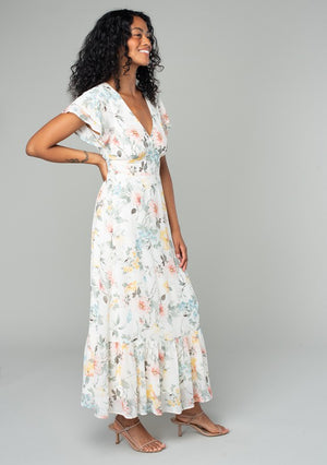 Natural/Dusty Sage Floral Flutter Sleeve V Neck Maxi Dress - ALL SALES FINAL