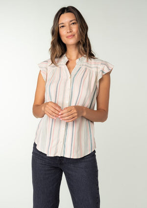 Natural/Sage Striped Flutter Sleeve Button Down Top - ALL SALES FINAL